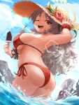  1girl absurdres ass bikini black_horns blue_archive blue_sky breasts brown_eyes cloud curled_horns flower food grey_hair halo hat hat_flower highres hoishere7 horns izumi_(blue_archive) large_breasts long_hair looking_at_viewer looking_back open_mouth popsicle red_bikini round_teeth side-tie_bikini_bottom sky solo splashing straw_hat sun_hat swimsuit teeth upper_teeth_only wading water wavy_hair 