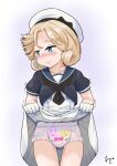  1girl akashieru artist_logo black_neckerchief blonde_hair blue_eyes blue_sailor_collar clothes_lift commentary_request diaper dress dress_lift facing_viewer gloves hat highres janus_(kancolle) kantai_collection lifting_own_clothes looking_to_the_side neckerchief one-hour_drawing_challenge parted_bangs sailor_collar sailor_dress sailor_hat short_hair solo trembling white_dress white_gloves white_hat 