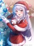  1girl artist_name bluesky_username blush brown_eyes capelet christmas christmas_ornaments christmas_tree commentary_request commission dress gloves hair_between_eyes hat holding ittokyu kantai_collection long_hair long_sleeves looking_at_viewer open_mouth pixiv_id pom_pom_(clothes) red_capelet red_dress santa_costume santa_hat shoukaku_(kancolle) signature skeb_commission solo twitter_username very_long_hair white_gloves white_hair 