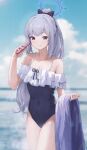  1girl bare_arms bare_legs bare_shoulders black_one-piece_swimsuit blue_archive blue_halo blush breasts casual_one-piece_swimsuit cellphone cleavage closed_mouth collarbone cowboy_shot frilled_one-piece_swimsuit frills grey_hair halo highres holding holding_phone jianjia long_hair miyako_(blue_archive) miyako_(swimsuit)_(blue_archive) off-shoulder_one-piece_swimsuit off_shoulder official_alternate_costume official_alternate_hairstyle one-piece_swimsuit phone ponytail purple_eyes small_breasts smartphone solo swimsuit 