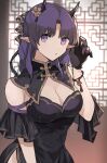  1girl absurdres arknights black_dress black_gloves bracelet breasts china_dress chinese_clothes cleavage detached_collar detached_sleeves dress flower gloves hair_flower hair_ornament highres horns jewelry lava_(arknights) lava_the_purgatory_(arknights) lava_the_purgatory_(dusk_wisteria)_(arknights) noshima pointy_ears purple_eyes purple_hair sideways_glance solo strapless strapless_dress 