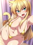  1girl :d animal_ear_fluff animal_ears aqua_eyes arm_at_side arm_up armpits bikini blonde_hair blush breasts cat_ears cat_girl cat_tail collarbone commentary_request curtains fang gold_bikini highleg highleg_bikini highleg_swimsuit highres indoors large_breasts long_hair looking_at_viewer micro_bikini navel nokoppa open_mouth original shiny_skin side-tie_bikini_bottom sidelocks smile solo standing stomach string_bikini swimsuit tail tongue yellow_tail 