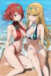  2girls adapted_costume bangs bare_arms bare_legs bare_shoulders barefoot beach bikini blonde_hair breasts chest_jewel cleavage cleavage_cutout clenched_teeth closed_mouth clothing_cutout dual_persona embarrassed highres hood_(james_x) knee_up large_breasts legs long_hair multiple_girls mythra_(xenoblade) navel neon_trim ocean on_ground parted_lips pyra_(xenoblade) red_bikini red_eyes red_hair sitting smile swept_bangs swimsuit tears teeth tiara v-shaped_eyebrows very_long_hair water white_bikini xenoblade_chronicles_(series) xenoblade_chronicles_2 yellow_eyes 