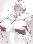 1boy bara benny_(fire_emblem) blush buzz_cut covered_nipples disembodied_limb fire_emblem fire_emblem_fates grabbing greyscale groping large_pectorals long_sideburns male_focus manboobs mature_male monochrome muscular muscular_male nonbiri_monban pectoral_focus pectoral_grab pectorals scar scar_on_face scar_on_forehead short_hair sideburns solo_focus upper_body very_short_hair 