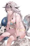  1girl animal_ears arknights bangs bikini blazpu blue_nails breasts cleavage collarbone commentary feet_out_of_frame fingerless_gloves gloves grey_eyes grey_hair hair_between_eyes hair_intakes highres jewelry lappland_(arknights) large_breasts lips lock long_hair looking_at_viewer messy_hair padlock pendant scar scar_across_eye simple_background sitting solo swimsuit tail very_long_hair white_background white_gloves wolf_ears wolf_girl wolf_tail yellow_bikini 