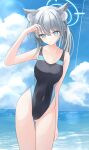  1girl animal_ear_fluff animal_ears ass_visible_through_thighs black_one-piece_swimsuit blue_archive blue_eyes breasts competition_swimsuit covered_navel cross_hair_ornament extra_ears grey_hair hair_ornament halo highleg highleg_swimsuit highres horizon looking_at_viewer low_ponytail medium_breasts medium_hair mismatched_pupils multicolored_clothes multicolored_swimsuit ocean official_alternate_costume oi. one-piece_swimsuit shiroko_(blue_archive) shiroko_(swimsuit)_(blue_archive) solo standing swimsuit thigh_gap two-tone_swimsuit wolf_ears 