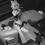  1girl animal_ear_fluff animal_ears arknights bare_shoulders car cat_ears cup dress full_body greyscale highres holding holding_cup kal&#039;tsit_(arknights) long_sleeves looking_at_viewer monochrome motor_vehicle nissan nissan_370z nissan_fairlady_z nuggetkouhai off-shoulder_dress off_shoulder parted_lips short_hair sitting_on_car solo star_of_life 