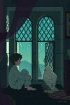  1boy barefoot bird black_hair book glass glasses harry_potter harry_potter_(series) hedwig helen_jee highres hugging_own_legs letter looking_outside night owl pajamas short_hair sitting sky spire star_(sky) starry_sky striped_clothes striped_pajamas wand window windowsill wizarding_world 