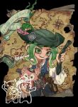  1girl character_request copyright_request detached_sleeves english_text eyebrow_cut green_eyes green_hair green_hat gun hat hat_feather highres holding holding_gun holding_weapon jellyfish_(splatoon) jewelry long_hair looking_at_viewer map necklace octoling octoling_girl octoling_player_character open_mouth pink_fur pirate pirate_hat pouch puffy_sleeves qbnian smile splatoon_(series) tentacle_hair weapon white_sleeves 