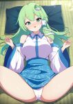 1girl absurdres bare_shoulders blue_skirt blush breasts bright_pupils cameltoe clothes_lift collared_shirt commentary_request curvy darumoon detached_sleeves eyelashes feet_out_of_frame frog_hair_ornament green_eyes green_hair hair_between_eyes hair_ornament hair_spread_out hair_tubes hands_up head_on_pillow high-waist_skirt highres indoors kochiya_sanae large_breasts long_hair long_sleeves lying nontraditional_miko nose_blush on_back open_mouth paid_reward_available panties pillow raised_eyebrows shirt sidelocks skirt skirt_lift sleeveless sleeveless_shirt snake_hair_ornament solo spread_legs sweatdrop thighs touhou tsurime underwear w_arms white_panties white_shirt wide_sleeves 