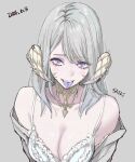  1girl au_ra bare_shoulders bra breasts cleavage collarbone colored_tongue cross final_fantasy final_fantasy_xiv grey_background grey_hair highres horn_ornament horn_piercing horns lakugali_shiki looking_at_viewer looking_up medium_hair piercing purple_eyes purple_tongue scales simple_background solo tongue_piercing underwear upper_body warrior_of_light_(ff14) 