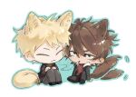  2boys :3 allloy animal_ears atou_haruki black_jacket black_pants blonde_hair brown_hair brown_sweater chibi chibi_only chinese_commentary cigarette closed_eyes closed_mouth commentary_request fox_boy fox_ears fox_tail fur-trimmed_jacket fur_trim green_eyes grey_pants hair_between_eyes isoi_reiji jacket kemonomimi_mode long_sleeves male_focus multiple_boys open_clothes open_jacket pants red_shirt ribbed_sweater saibou_shinkyoku sanpaku shirt short_hair sitting smoking sweater tail tail_wagging turtleneck turtleneck_sweater 
