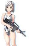  1girl absurdres ar-15 assault_rifle breasts brown_eyes camouflage clothes_writing commentary_request competition_swimsuit feet_out_of_frame grey_hair grey_one-piece_swimsuit gun highleg highleg_swimsuit highres holding holding_gun holding_weapon one-piece_swimsuit original rifle short_hair simple_background small_breasts solo standing swimsuit takafumi translation_request trigger_discipline variant_set weapon white_background 