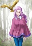  1girl absurdres bird blue_pants dated day digimon digimon_adventure_02 earrings forest highres inoue_miyako jewelry light_smile long_hair long_sleeves looking_at_viewer nature outdoors pants purple_eyes purple_hair standing tsukaima_(vfcou) wide_sleeves 