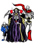  3boys abelardo ainz_ooal_gown english_text full_body fur-trimmed_jacket fur_trim gloves hollow_eyes hood jacket looking_at_another male_focus monster_boy multiple_boys open_clothes open_jacket overlord_(maruyama) papyrus_(undertale) red_eyes red_footwear red_gloves ribs robe sans_(undertale) scarf shorts skeleton slippers standing teeth undertale white_background white_eyes 