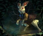 alice_in_wonderland bow_tie clock clothed clothing digital_media_(artwork) feral forest fur hi_res lagomorph leporid lit_from_behind male mammal nature nature_background partially_clothed paws plant pocketwatch rabbit red_eyes running solo the_white_rabbit tree trigaroo watch white_body white_fur