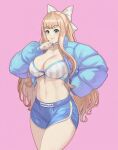  1girl alternate_costume artist_name bikini bikini_top_only blonde_hair blue_eyes blue_jacket blue_shorts bow breasts charlotte_(fire_emblem) choker cleavage clothes_writing cowboy_shot fire_emblem fire_emblem_fates hair_bow jacket large_breasts long_hair long_sleeves looking_at_viewer meziosaur open_clothes open_jacket pink_background short_shorts shorts simple_background smile solo standing swimsuit thighs very_long_hair white_bow white_choker 
