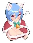  ... 1girl :/ animal_ear_fluff animal_ears aqua_bow aqua_bowtie arm_under_breasts bell blue_hair blush bow bowtie breasts capelet cat_ears cleavage closed_mouth cropped_torso crossed_bangs dress from_above fur-trimmed_capelet fur-trimmed_dress fur-trimmed_gloves fur_collar fur_trim gloves hair_between_eyes hair_ornament hairclip hand_on_own_chest hand_up highres large_breasts looking_at_viewer looking_up neck_bell nekobao original red_capelet red_eyes red_gloves santa_costume short_hair simple_background solo spoken_ellipsis swept_bangs v-shaped_eyebrows white_background x_hair_ornament 