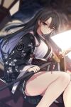  1girl bangs bare_legs black_eyes black_hair copyright_request highres holding holding_sword holding_weapon japanese_clothes kimono looking_at_viewer mendou_kusai sitting solo sword thighs weapon 