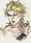  1boy :q birthmark blonde_hair bustersiri collarbone dio_brando ear_birthmark fangs fangs_out hand_up highres joestar_birthmark jojo_no_kimyou_na_bouken licking_lips male_focus phantom_blood portrait scar scar_on_neck simple_background solo stardust_crusaders stitched_neck stitches tongue tongue_out vampire white_background yellow_eyes 
