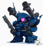  bazooka_(gundam) chibi clenched_hand commentary_request dated finger_on_trigger full_body gun gundam gundam_0080 highres holding holding_gun holding_weapon horns kampfer_(mobile_suit) looking_at_viewer mecha mecha_focus mobile_suit no_humans one-eyed purple_eyes robot science_fiction sd_gundam shadow shotgun shoulder_spikes signature simple_background single_horn solo spikes standing sturm_faust weapon white_background yoo_tenchi zeon 