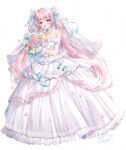  1girl :d bare_shoulders blue_bow blue_choker blue_flower blue_rose blush bouquet bow breasts brooch choker collarbone commentary_request dress flower frilled_dress frills hair_bow hair_flower hair_ornament heart heart_necklace highres holding holding_bouquet jewelry kohinata_hoshimi lace-trimmed_choker lace_trim long_hair looking_at_viewer medium_breasts necklace off-shoulder_dress off_shoulder original petals pink_flower pink_hair pink_rose pleated_dress purple_eyes purple_flower purple_rose rose signature simple_background smile solo twintails veil very_long_hair wedding_dress white_background white_bow white_dress white_flower yellow_flower 