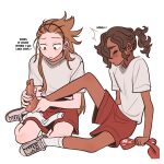  2boys ahoge androgynous ankle_socks arm_rest arms_at_sides brown_eyes brown_hair closed_eyes closed_mouth curly_hair dark-skinned_male dark_skin dot_nose english_text forehead friends from_side full_body furrowed_brow grey_footwear grimace hair_behind_ear hair_over_one_eye hair_over_shoulder hair_pulled_back hairband hand_on_another&#039;s_foot highres holding holding_ribbon implied_yaoi injury knee_up legs_apart long_hair looking_down male_focus memcchi multiple_boys original parted_lips ponytail red_shorts ribbon sanpaku shirt shoes short_ponytail short_sleeves shorts simple_background single_barefoot single_shoe single_sock sitting socks spiked_hair thick_eyebrows two-handed unworn_socks very_long_hair white_background white_shirt white_socks yokozuwari 