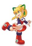  1girl blonde_hair dress full_body green_eyes hashtag-only_commentary hi-go! high_ponytail long_hair mega_man_(classic) mega_man_(series) red_dress red_footwear roll_(mega_man) simple_background solo standing standing_on_one_leg white_background 