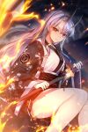  1girl bangs bare_legs black_eyes copyright_request fire flame highres holding holding_sword holding_weapon horns japanese_clothes kimono looking_at_viewer mendou_kusai red_eyes sitting solo sword thighs transformation weapon white_hair 