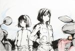  2girls blush commentary_request ground_vehicle hand_on_hip hi_fumiyo highres koguma_(super_cub) long_hair low_ponytail motor_vehicle motorcycle multiple_girls partially_colored reiko_(super_cub) short_hair sketch smile standing super_cub traditional_media upper_body 