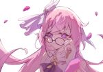  1girl absurdres adjusting_eyewear alternate_costume bare_shoulders brooch closed_mouth elf elysia_(herrscher_of_human:ego)_(honkai_impact) elysia_(honkai_impact) falling_petals hair_between_eyes hand_on_eyewear heart heart_brooch highres holding honkai_(series) honkai_impact_3rd jewelry long_hair looking_at_viewer petals pink_hair pink_pupils pointy_ears rio_(user_kzxp8757) shirt solo triquetra upper_body very_long_hair white_background white_shirt 