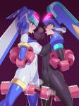  2girls aile_(mega_man_zx) armor arms_behind_back blue_eyes blue_helmet blue_jacket blue_shirt blush breasts brown_hair clitoral_stimulation clothes_lift colored_skin covered_navel covered_nipples cowboy_shot fairy_leviathan_(mega_man) forehead_jewel from_side green_eyes in-franchise_crossover jacket medium_breasts mega_man_(series) mega_man_zero_(series) mega_man_zx model_l_(mega_man) multiple_girls navel nipples power_armor profile pussy_juice restrained saliva saliva_trail shirt shirt_lift short_hair tears trait_connection ukimukai white_skin yuri 