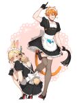  2boys :t ;d ahoge alternate_costume animal_ears apron arm_up artist_name back_bow back_cutout black_choker black_dress black_footwear black_gloves black_ribbon blonde_hair blue_eyes blush bow braid brown_thighhighs cat_boy cat_ears cat_tail chest_harness choker closed_mouth clothing_cutout collarbone commentary crossdressing crossed_bangs dangle_earrings dress e7lilyy earrings embarrassed english_commentary enmaided fangs feather_hair_ornament feathers frilled_apron frilled_sleeves frills from_behind genshin_impact gloves gun hair_between_eyes hair_ornament half_gloves handgun harness high_heels highres holding holding_whip holster jewelry kaveh_(genshin_impact) leg_up long_hair looking_at_viewer looking_back maid maid_headdress male_focus multiple_boys multiple_scars one_eye_closed open_mouth orange_hair pink_background pocket pout puffy_short_sleeves puffy_sleeves rabbit_boy rabbit_ears rabbit_hair_ornament rabbit_tail red_bow red_eyes ribbon scar scar_on_arm scar_on_leg shoes short_dress short_hair short_sleeves simple_background single_braid single_earring smile squatting standing standing_on_one_leg stuffed_animal stuffed_narwhal stuffed_toy tail tartaglia_(genshin_impact) tearing_up tears teeth thigh_holster thigh_strap thighhighs twitter_username two-tone_background upper_teeth_only v-shaped_eyebrows waist_apron weapon whip white_apron white_background white_bow wrist_cuffs 