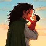  2boys abrilk aged_down baby black_hair cape english_commentary father_and_son green_cape highres holding_baby long_hair male_focus monkey_d._dragon monkey_d._luffy multiple_boys one_piece open_mouth pajamas profile red_pajamas shirt sidelocks smile sunset tears upper_body white_shirt 