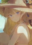  1girl absurdres bare_arms bare_shoulders bikini blonde_hair blue_archive blue_eyes blue_halo blush breasts closed_mouth day halo hat highres kji_(rozo) long_hair looking_at_viewer medium_breasts outdoors solo straw_hat swimsuit toki_(blue_archive) white_bikini 