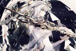  1girl bridal_veil closed_mouth dress e.g.o_(project_moon) faust_(project_moon) gears highres holding holding_weapon limbus_company looking_at_viewer medium_hair minasemochii multicolored_background project_moon solo veil weapon wedding_dress white_dress white_eyes white_hair 
