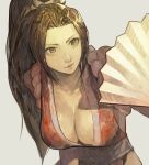  1girl absurdres breasts brown_eyes brown_hair cleavage collarbone eyelashes fatal_fury folding_fan hand_fan high_ponytail highres japanese_clothes large_breasts lips long_hair ninja no_bra open_clothes parted_bangs ponytail revealing_clothes shiranui_mai simple_background sleeveless snk solo subakeye the_king_of_fighters white_background 