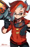  1boy black_gloves black_hair closed_mouth colored_tips commentary_request earrings eyebrow_cut gloves goggles goggles_around_neck gun highres holding holding_gun holding_weapon inkling inkling_boy inkling_player_character jacket jewelry jinkoika male_focus medium_hair multicolored_hair range_blaster_(splatoon) red_eyes red_hair red_jacket simple_background smile solo splatoon_(series) splatoon_3 tentacle_hair thick_eyebrows two-tone_hair weapon white_background 