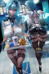  1girl ass back backless_outfit bangs banned_artist black_gloves black_legwear black_shorts blue_hair blue_necktie blush breasts burger cleavage cup disposable_cup eula_(genshin_impact) fast_food food french_fries genshin_impact gloves high_heels large_breasts looking_at_viewer medium_hair multiple_views necktie purple_eyes sakimichan shirt short_shorts short_sleeves shorts sidelocks smile thighhighs thighs tray visor_cap white_shirt 