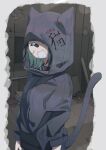  1girl absurdres animal_ears animal_hood arms_at_sides bandaid bandaid_on_face bandaid_on_nose black_collar black_hoodie boukou-chan_(tokiwata_soul) cat_ears cat_hood cat_tail clothes_writing collar commentary_request covered_eyes green_hair highres hood hood_up hoodie long_sleeves original short_hair solo standing tail tail_raised tokiwata_soul 