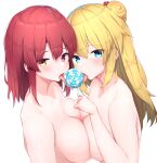  2girls absurdres akai_haato blonde_hair blue_hair blush breast_press breasts candy cleavage commentary_request completely_nude food hair_ornament heart heart_hair_ornament heterochromia highres hololive houshou_marine large_breasts lollipop multiple_girls nai_(cnoadi8) nude red_eyes red_hair saliva sharing_food symmetrical_docking tongue tongue_out virtual_youtuber yellow_eyes yuri 