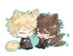  2boys allloy animal_ears atou_haruki black_jacket black_pants blonde_hair brown_hair brown_sweater chibi chibi_only chinese_commentary closed_eyes commentary_request fang fox_boy fox_ears fox_tail fur-trimmed_jacket fur_trim green_eyes grey_pants hair_between_eyes heart isoi_reiji jacket kemonomimi_mode long_sleeves male_focus multiple_boys open_clothes open_jacket open_mouth pants red_shirt ribbed_sweater saibou_shinkyoku sanpaku shirt short_hair sitting skin_fang smile sweater tail tail_wagging turtleneck turtleneck_sweater 