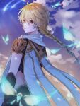  1boy aether_(genshin_impact) ahoge arm_armor armor back belt black_pants blonde_hair blue_butterfly braid brown_belt brown_gloves brown_shirt bug butterfly cape closed_mouth cloud cloudy_sky crystalfly_(genshin_impact) earrings evening falling_star from_behind genshin_impact gloves gold_trim gradient_sky hair_between_eyes hair_ornament hair_ribbon highres jewelry long_hair looking_at_viewer looking_back low-braided_long_hair low-tied_long_hair male_focus midriff outdoors pants purple_sky ribbon scarf shirt short_sleeves shoulder_armor single_earring sky solo standing star_(sky) user_ukdw7725 white_cape white_ribbon white_scarf yellow_eyes yellow_sky 