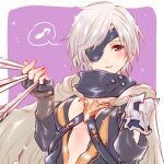  1girl between_fingers center_opening dagger eyepatch granblue_fantasy grey_hair grey_scarf highres holding holding_knife knife kuroi_mimei musical_note red_eyes scarf short_hair single_shoulder_pad solo tanya_(granblue_fantasy) weapon 