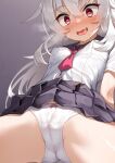  1girl ass blush breasts cameltoe clothes_lift commentary_request grey_hair groin heart heart-shaped_pupils heavy_breathing long_hair necktie open_mouth original panties pleated_skirt racer_(magnet) red_eyes saliva short_sleeves skirt skirt_lift small_breasts solo sweat symbol-shaped_pupils underwear white_panties 