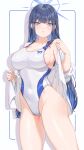  1girl alternate_costume bare_shoulders blue_archive blue_eyes blue_hair blush breasts cleavage collarbone competition_swimsuit covered_navel cowboy_shot dark_blue_hair fangxiang_cuoluan groin halo highleg highleg_swimsuit highres large_breasts long_hair long_sleeves looking_at_viewer no_mask off_shoulder one-piece_swimsuit open_clothes open_mouth parted_lips saori_(blue_archive) shirt simple_background smile solo standing swimsuit thighs very_long_hair white_background white_shirt 