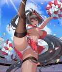 1girl absurdres ahoge arm_up ass_visible_through_thighs bay_(nikke) black_eyes black_hair black_thighhighs blue_sky breasts cheerleader cloud cloudy_sky commentary_request confetti crop_top dark-skinned_female dark_skin day goddess_of_victory:_nikke hair_intakes highres holding holding_pom_poms huge_breasts long_hair looking_ahead mole mole_under_mouth multicolored_hair open_mouth panties partially_visible_vulva pom_pom_(cheerleading) ponytail rakuri_(rwrn5475) red_hair red_shirt red_skirt shirt single_thighhigh skindentation skirt sky smile split standing standing_on_one_leg standing_split streaked_hair teeth thick_thighs thigh_strap thighhighs thighs underboob underwear upper_teeth_only very_long_hair white_panties 