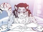 2022 adira_riftwall anthro bed breasts duo fangs felid female first_person_view fur furniture hair harry_campbell heresy_(artist) keidran male male/female male_pov mammal markings nude pantherine signature sketch smile snow_leopard spots spotted_body spotted_fur teeth tiger twokinds 
