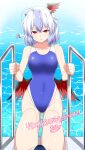 2girls absurdres ahoge bird_wings black_wings blue_hair blue_one-piece_swimsuit breasts closed_mouth collarbone commentary_request commission covered_navel feathered_wings grey_hair highleg highleg_swimsuit highres horns looking_at_viewer multiple_girls one-piece_swimsuit red_eyes red_wings rise_(rise19851203) scribble short_hair skeb_commission small_breasts swimsuit tokiko_(touhou) touhou translation_request upper_body wading_pool water wings 