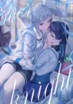  2girls black_shorts black_sports_bra blue_eyes blue_hair blue_jacket blue_ribbon blue_shorts bob_cut character_name circle_name closed_mouth collarbone commentary_request cover cover_page dark_blue_hair diagonal_bangs dollchestra dot_mouth doujin_cover english_text grey_hair group_name hair_half_undone hair_ornament hair_ribbon hand_on_another&#039;s_hip hand_on_another&#039;s_mouth highres hood hood_down hooded_jacket inverted_bob jacket kuziaaizuk link!_like!_love_live! long_hair long_sleeves looking_at_viewer love_live! mole mole_on_neck multicolored_clothes multicolored_hair multicolored_jacket multiple_girls murano_sayaka open_clothes open_jacket red_eyes red_hair ribbon short_hair shorts sitting sitting_on_lap sitting_on_person sports_bra star_(symbol) star_hair_ornament streaked_hair tank_top two-tone_jacket virtual_youtuber white_jacket white_tank_top yugiri_tsuzuri yuri 